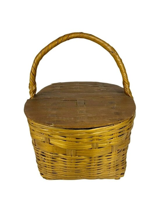 Vintage Woven Wicker Picnic Basket With Hinged Lid & Handles  Vintage Wicker Picnic Basket With Wood Double Hinged Lid Farmhouse Style